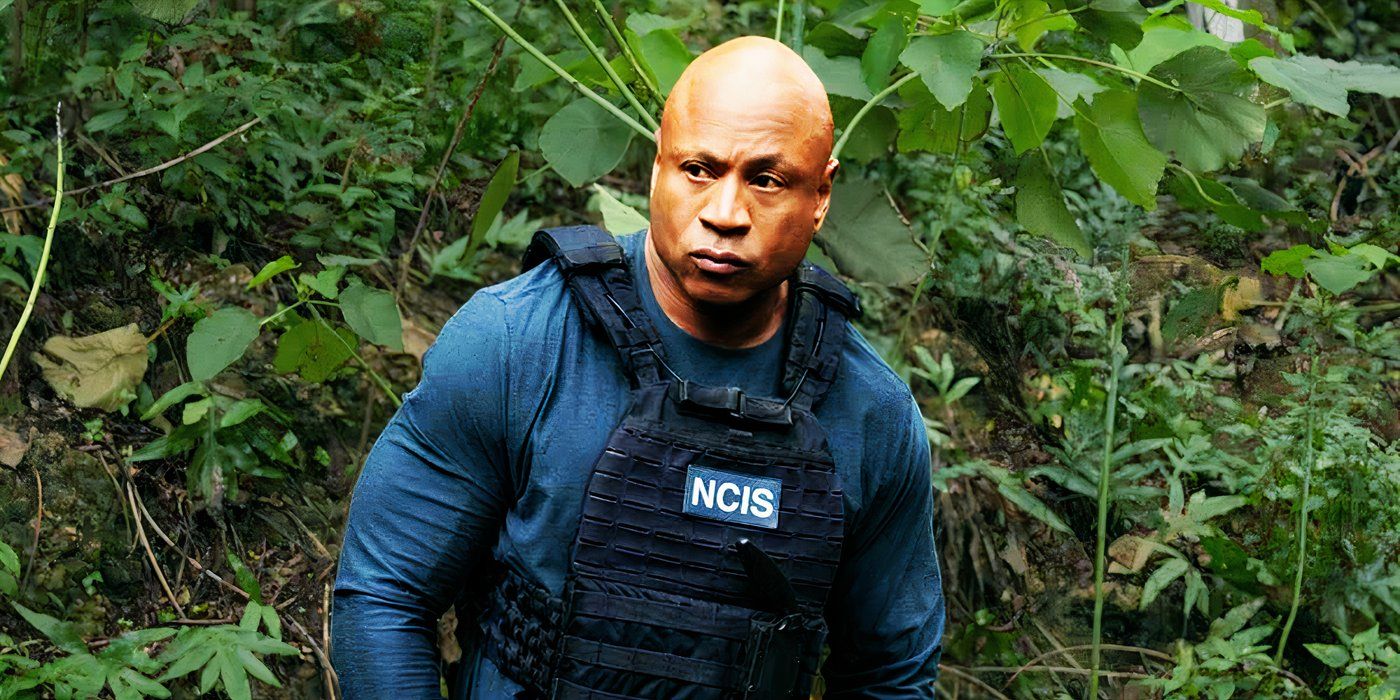 LL Cool J stands in the woods with a grave expression in NCIS Los Angeles