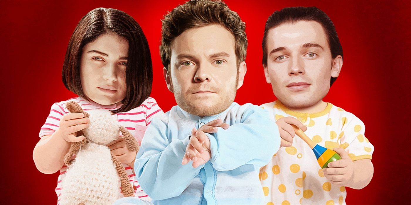 Eve Hewson, Jack Quaid, and Patrick Schwarzenegger's heads on baby bodies lying together