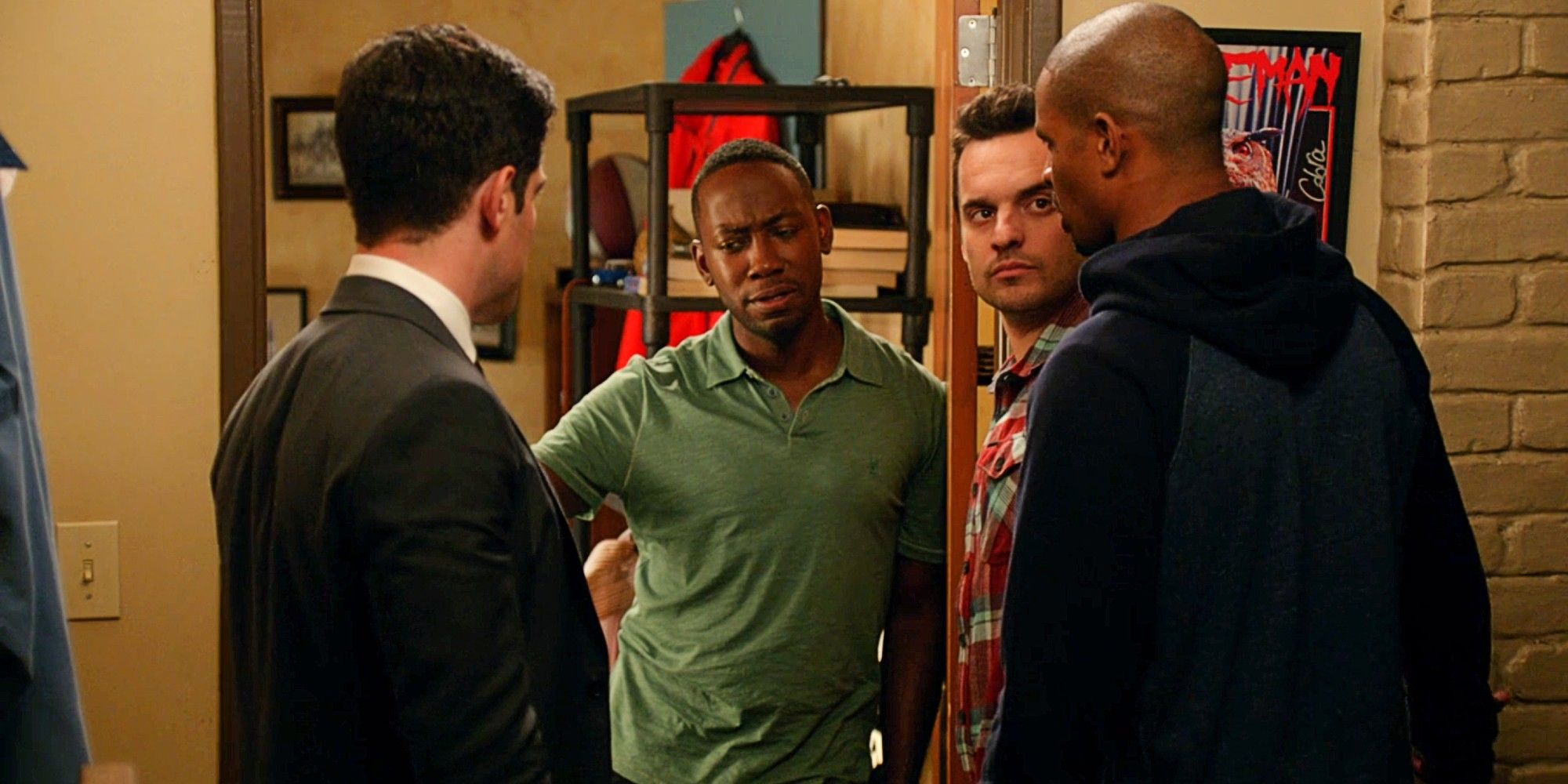 Schmidt, Winston, Nick, and Coach having a conversation in the loft in New Girl Season 4
