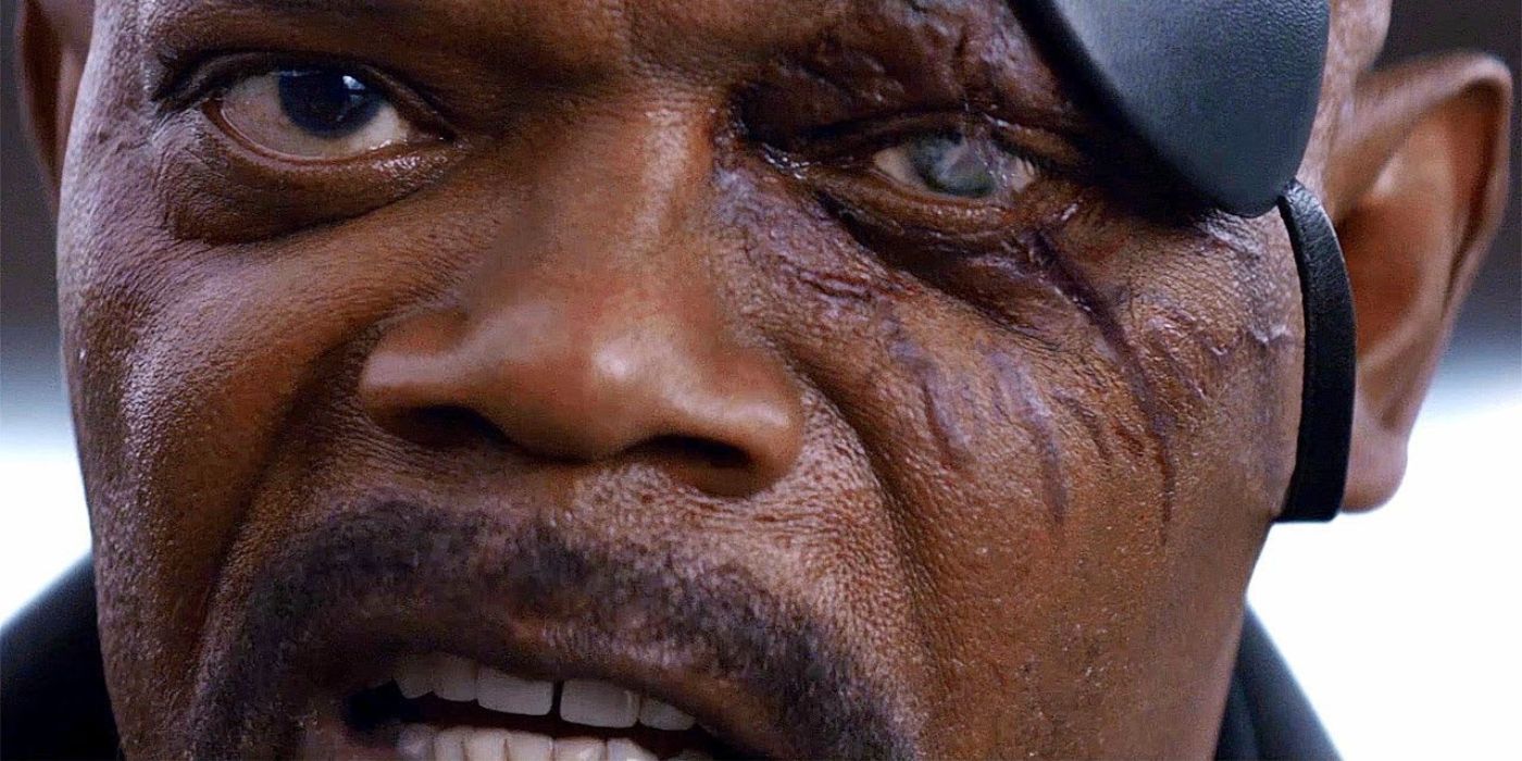 Nick Fury with no eye patch in Captain America: The Winter Soldier