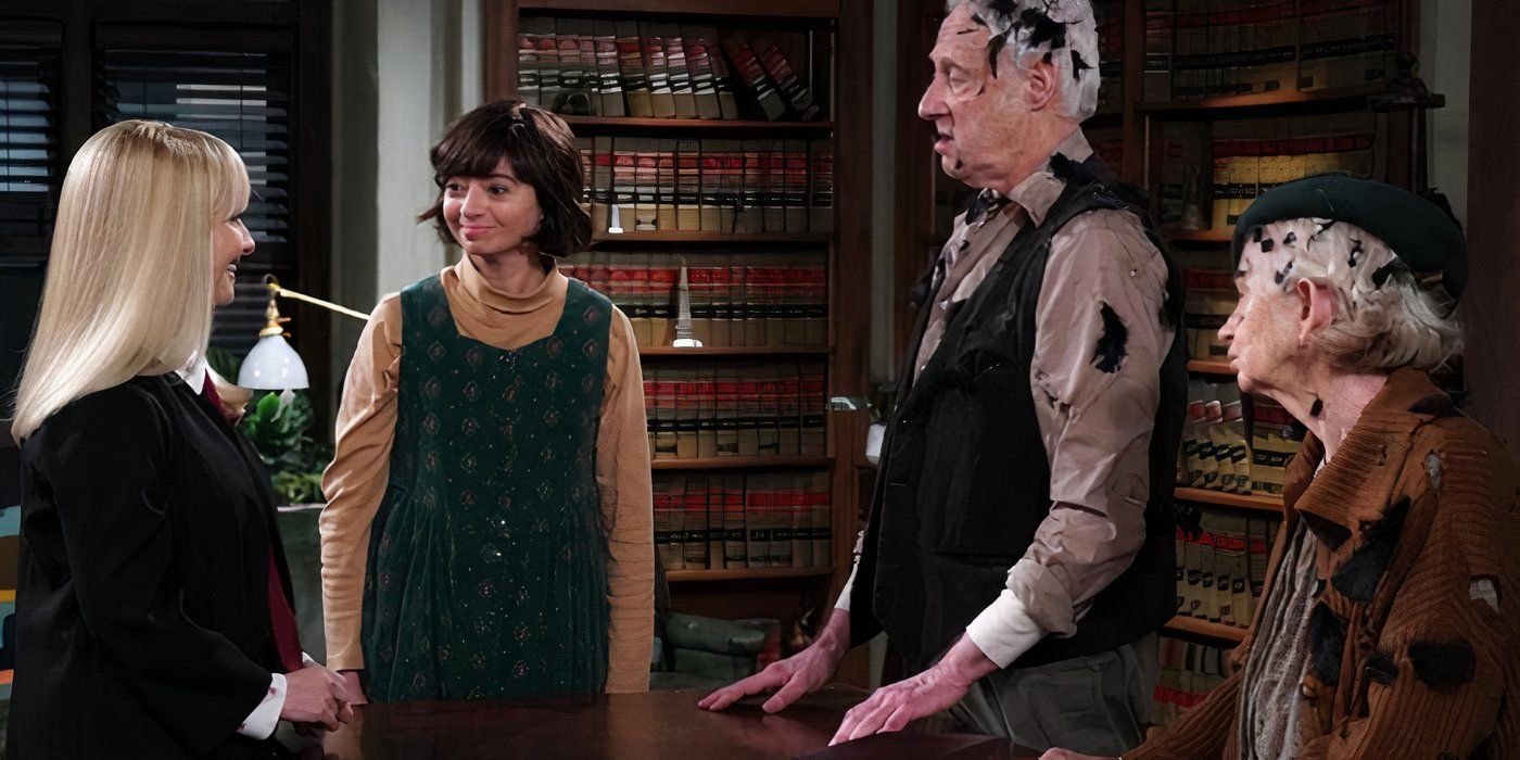 Kate Micucci, Brent Spiner, and Annie O&rsquo;Donnell stand before Melissa Rauch covered in feathers in Night Court Season 2