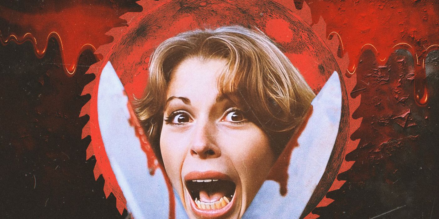 A screaming woman's face between the blades of a pair of shears, with a bloodied buzzsaw blade behind her.