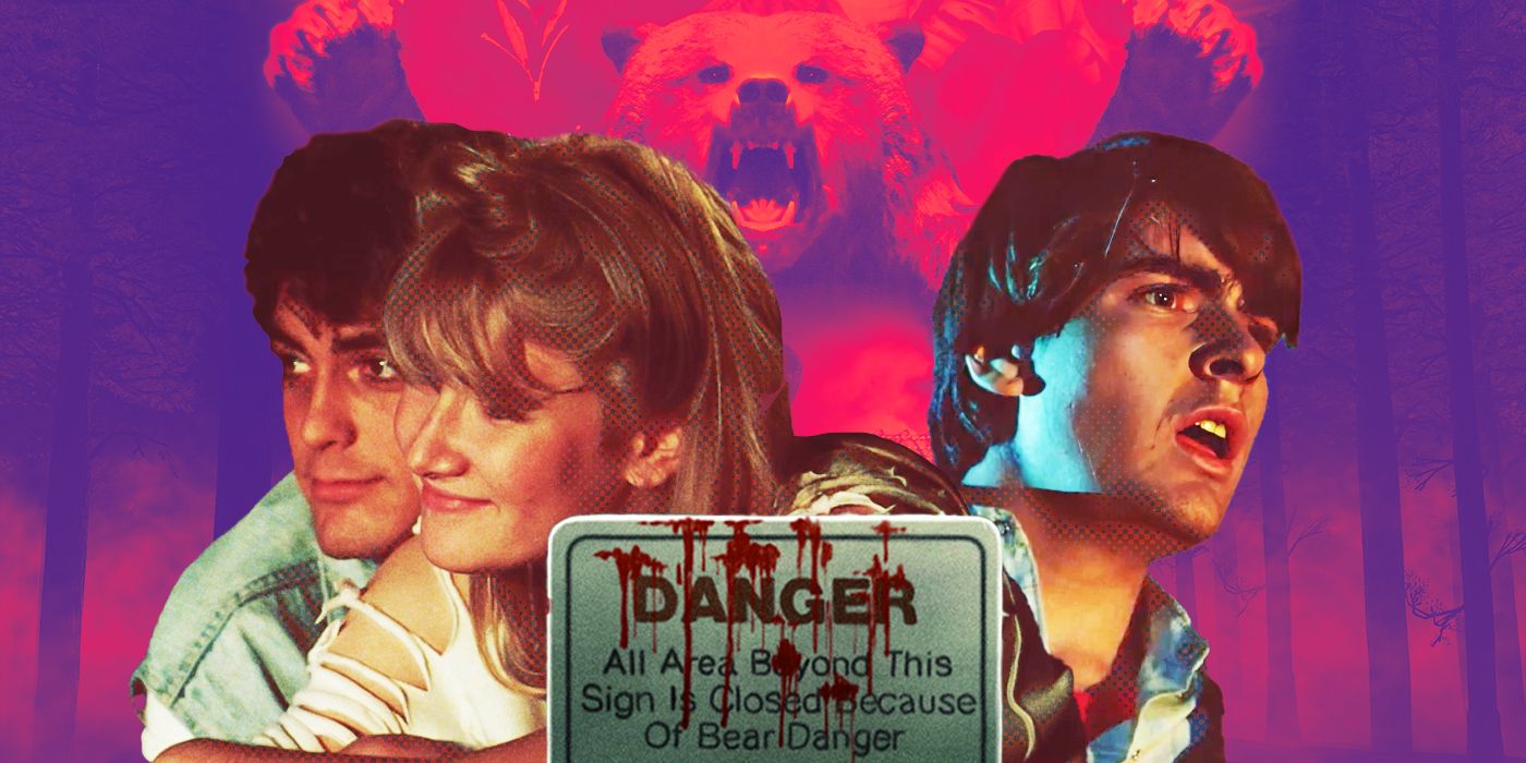 George Clooney, Laura Dern and Charlie Sheen around a blood-soaked sign warning of bears, while a bear raises its paws aggressively behind them.