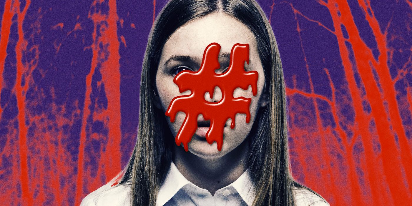 A young girl stands against a blue and red background with a bloody hashtag drawn across her face.