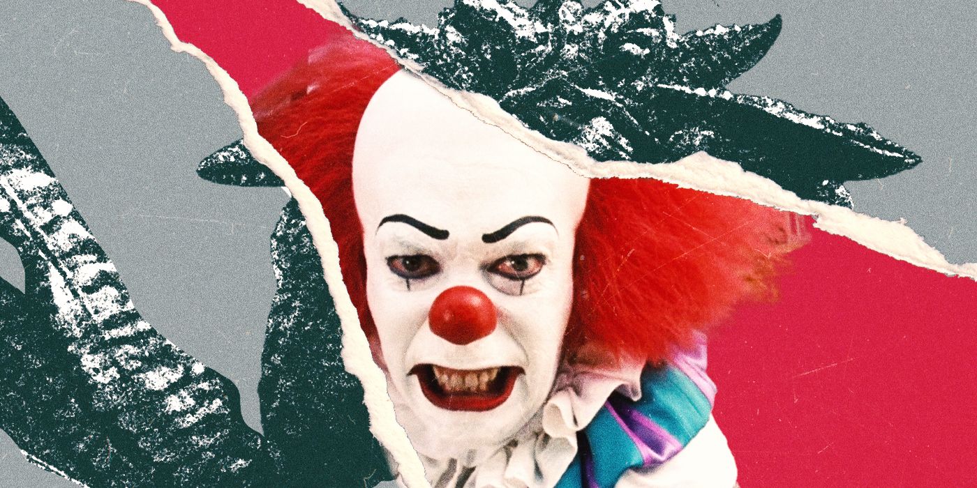 Pennywise, played by actor Tim Curry, in the middle of a torn picture of a strange spider-like creature.