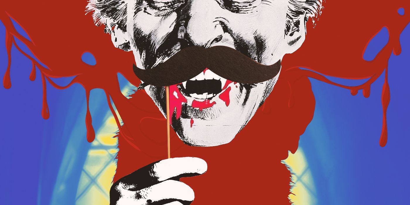 A drawing of Christopher Lee as Dracula, holding a novelty mustache up to his face.