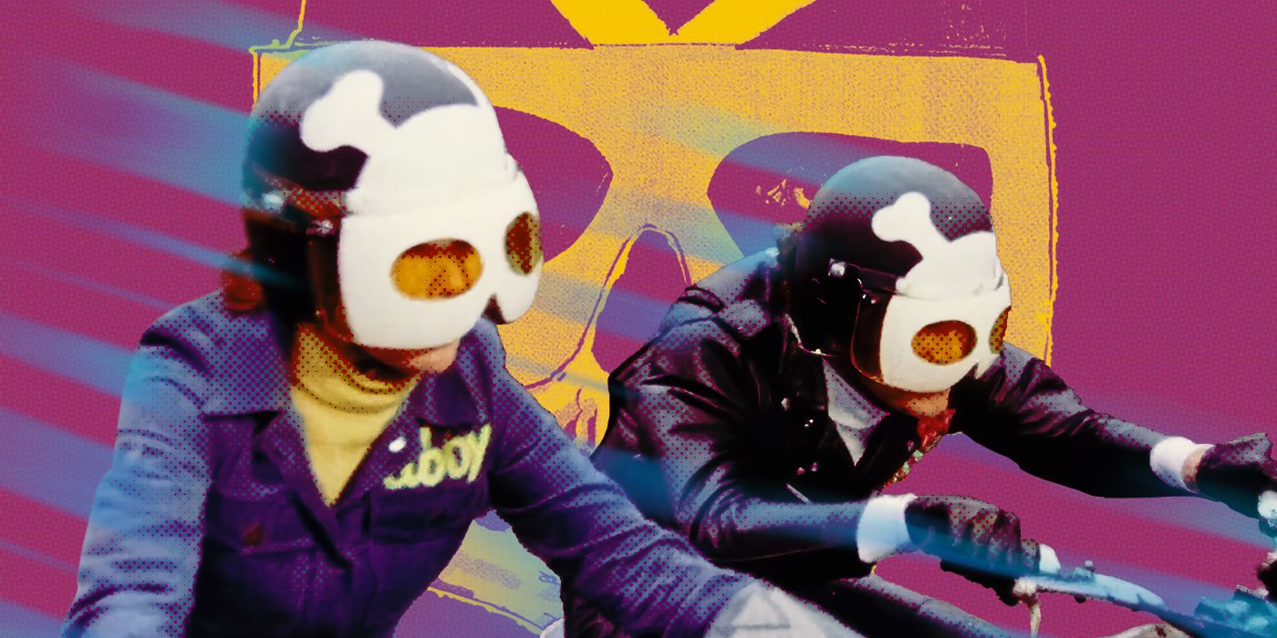 Two figures riding motorbikes with skeletal-looking helmets, against a purple background with the same design in yellow.