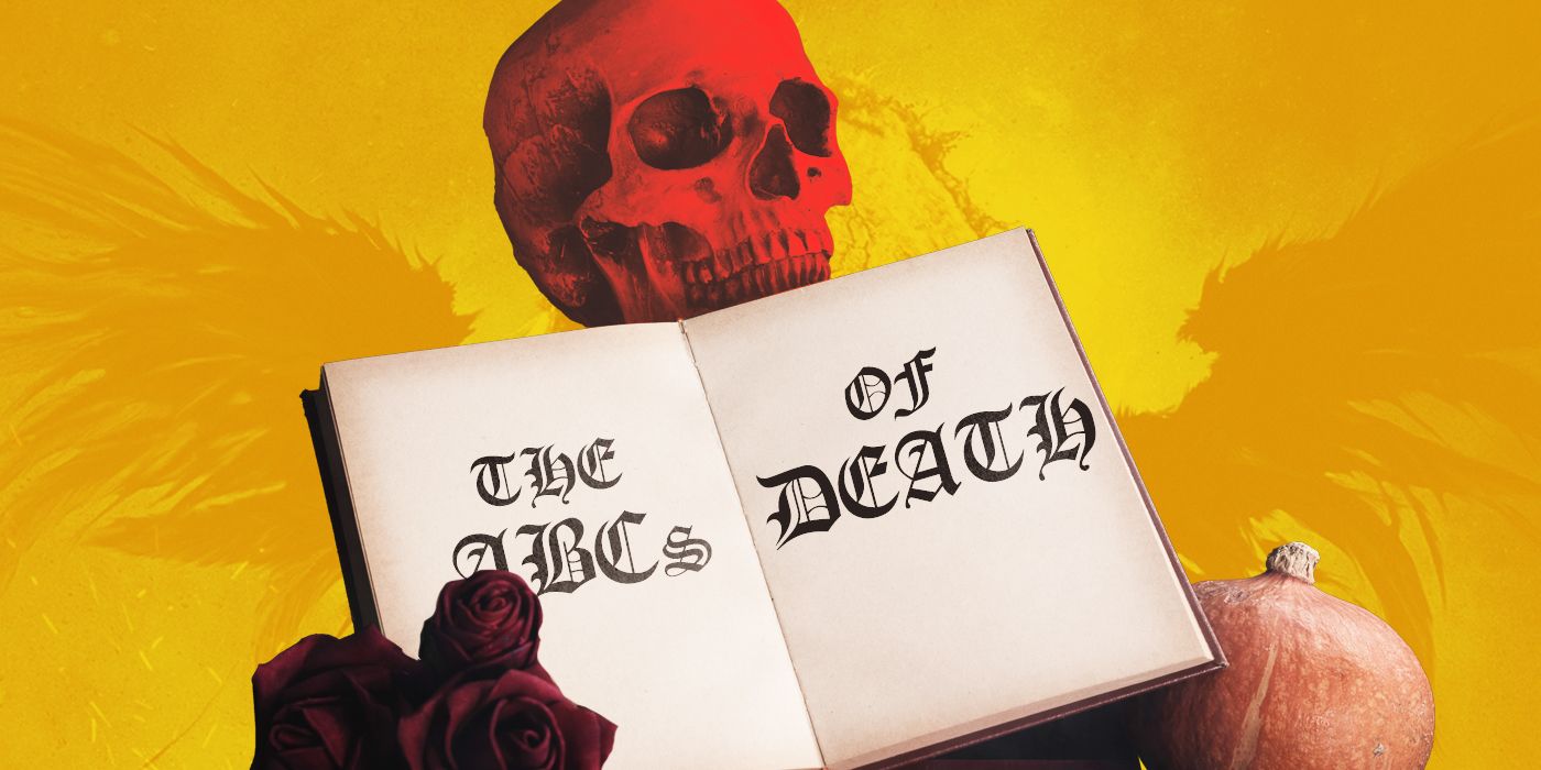 An open book displays the words The ABCs of Death, with roses and a skull around it.