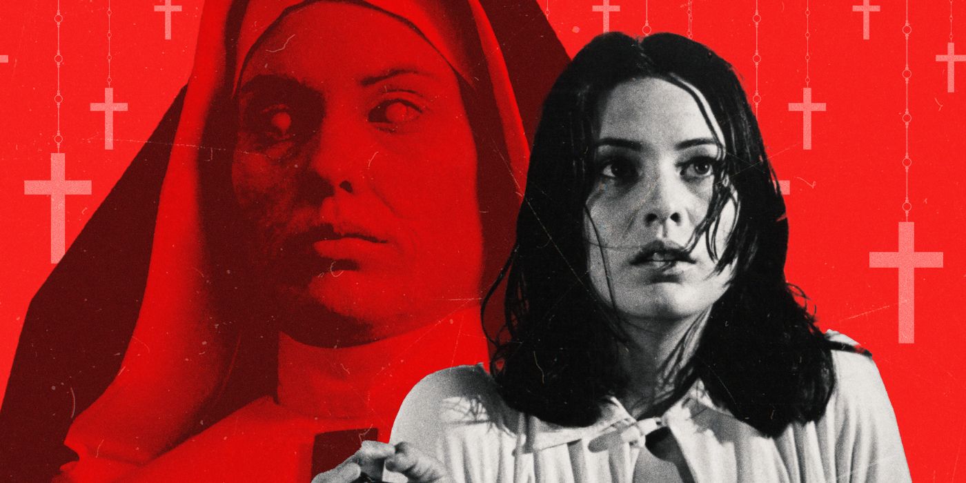 Allison, played by actor Cristina Raines, looks shaken while a nun looms behind her aganist a red background full of crucifixes.
