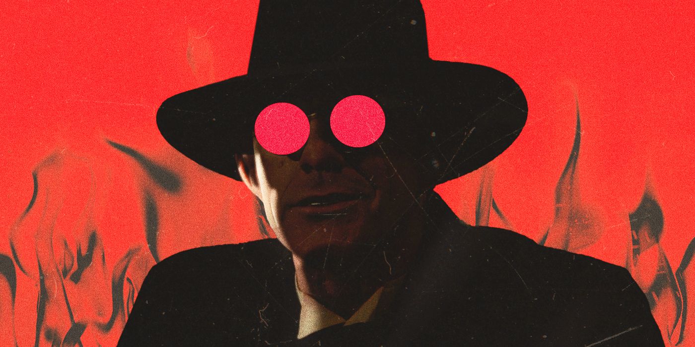 The silhouette of Judge Doom, played by Christopher Lloyd, with large red eyes against a red background.