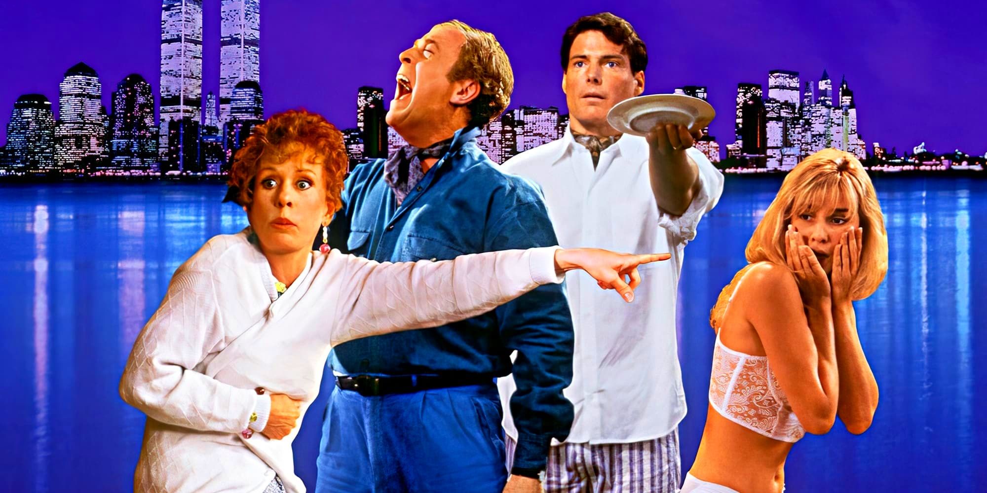 The poster for Noises Off... with Michael Caine screaming, Christopher Reeve holding out a plate and a woman on either side of them looking startled.