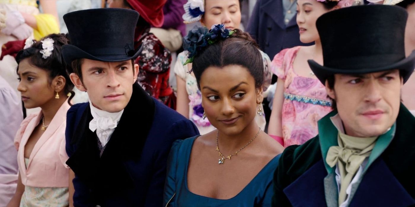 Jonathan Bailey and Simone Ashley in a crowd at a horse race in Bridgerton Season 2.