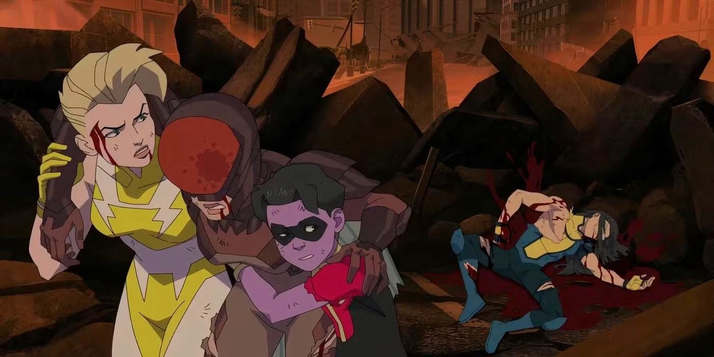 Oliver helping two heroes walk away from a dead Long Haired Invincible in Invincible.