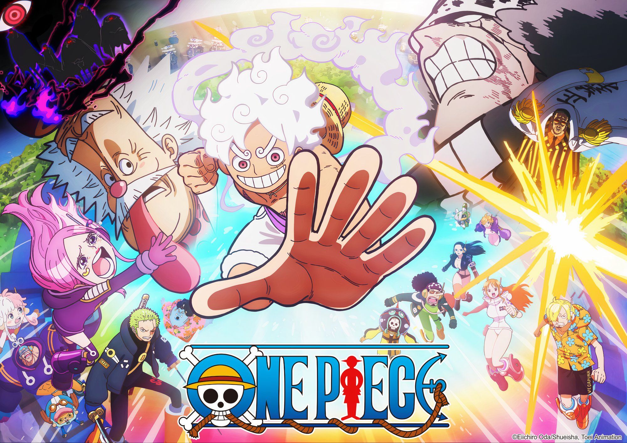 Luffy in Gear 5 with his hand outstretched surrounded by allies and enemies in One Piece Egghead Arc poster