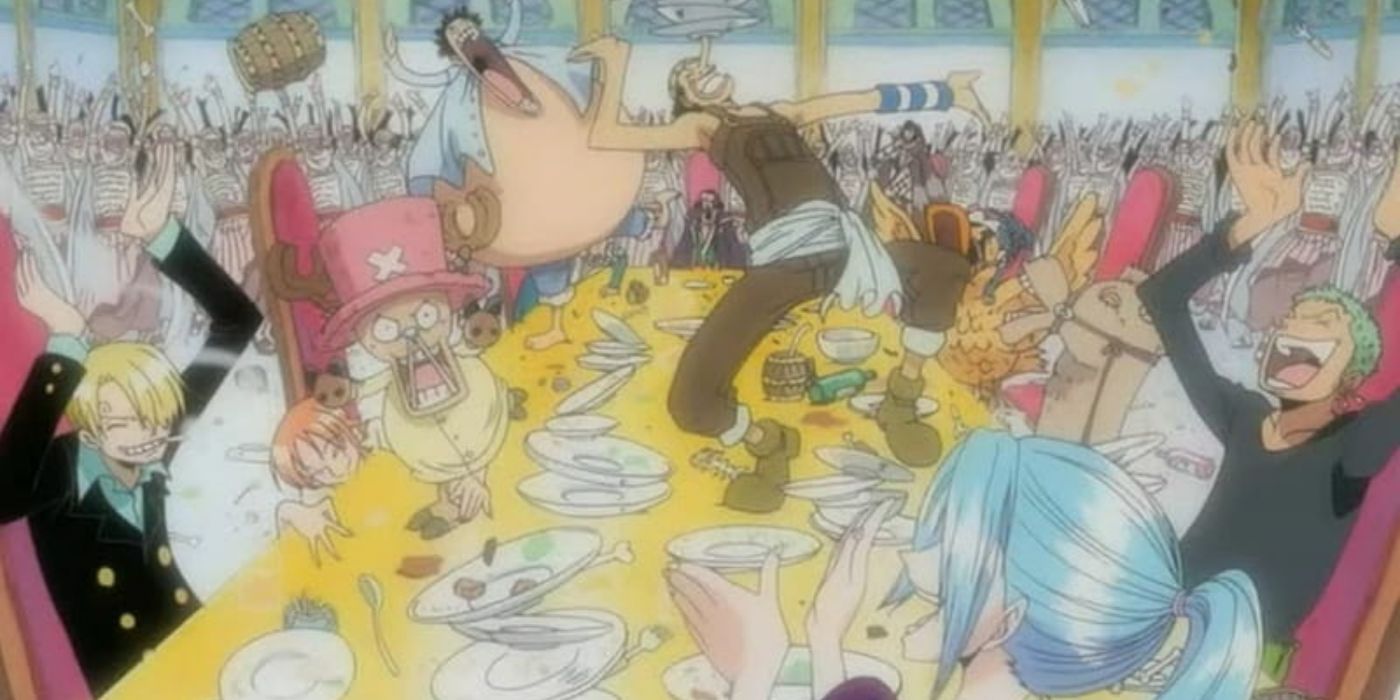 Straw Hats have a party and dance on the table in One Piece Alabasta