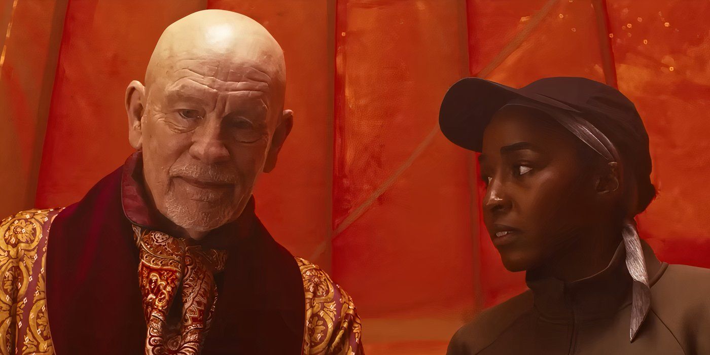 Ayo Edebiri as Ariel Ecton and John Malkovich as Alfred Moretti[ talking to each other in a red painted room in Opus