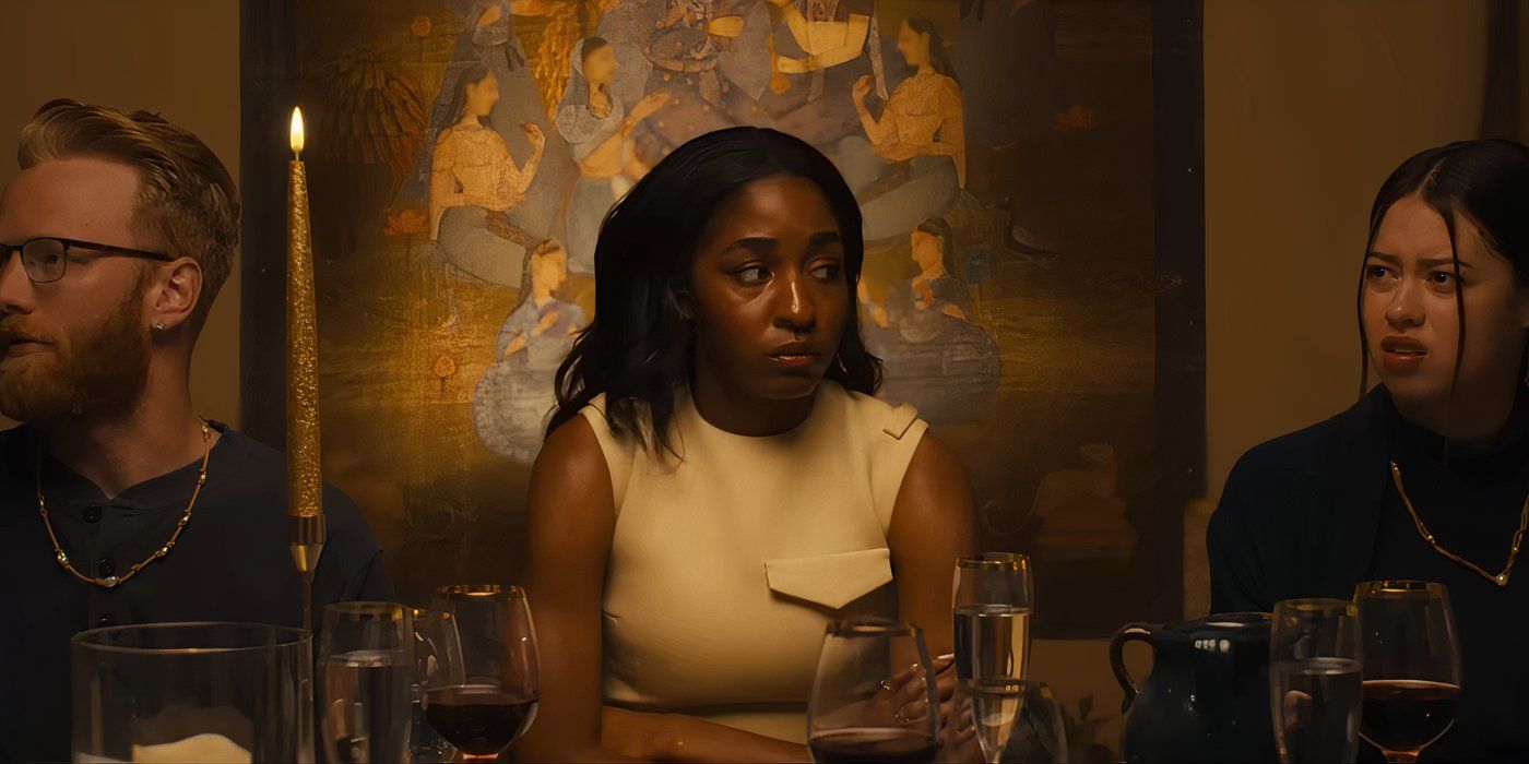 Ayo Edebiri and Amber Midthunder as Ariel Ecton and Belle sitting side by side in Opus