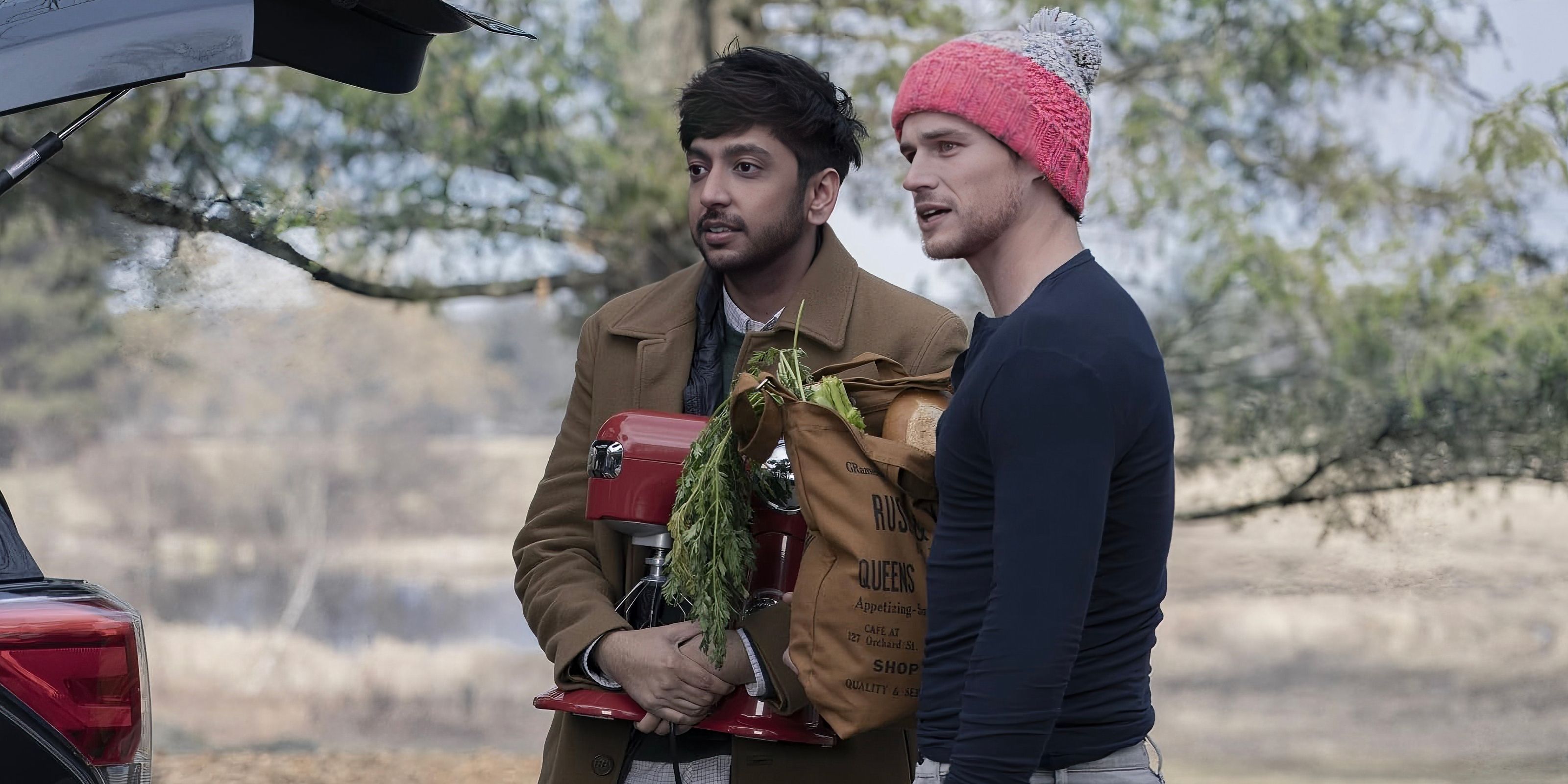 Rohan and Josh, played by actors Nik Dodani and Brandon Flynn, stand outside looking puzzled and holding groceries in The Parenting.