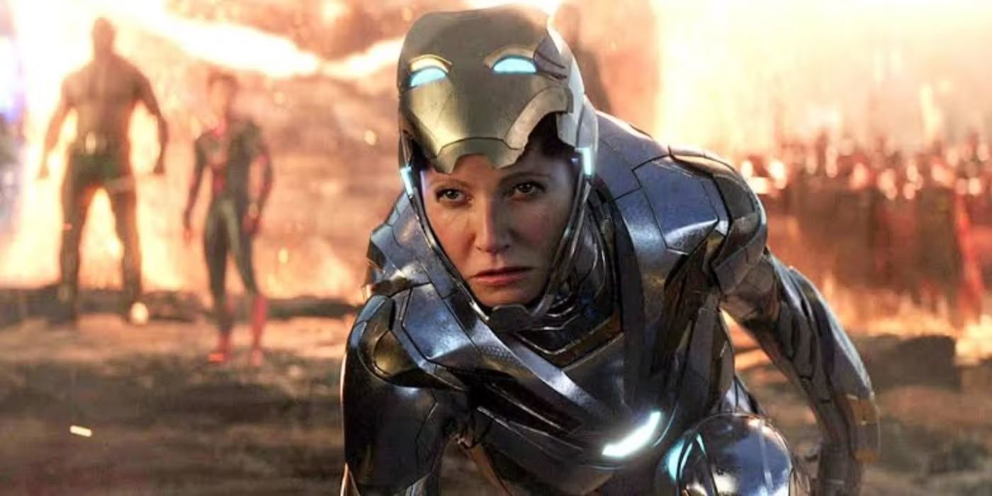 Gwyneth Paltrow as Pepper Potts inside an Iron Man suit in Avengers Endgame.