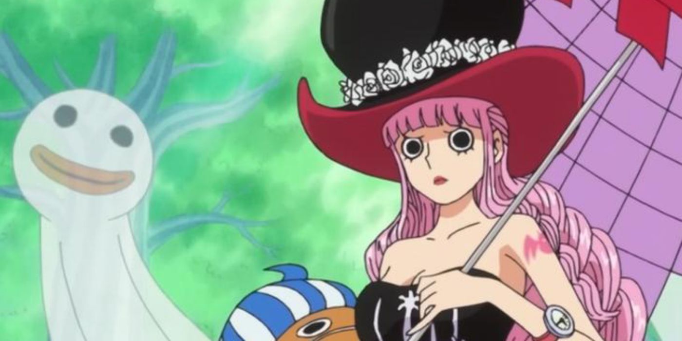 Perona with a black hat, umbrella, and a stuffy standing beside a ghost in One Piece