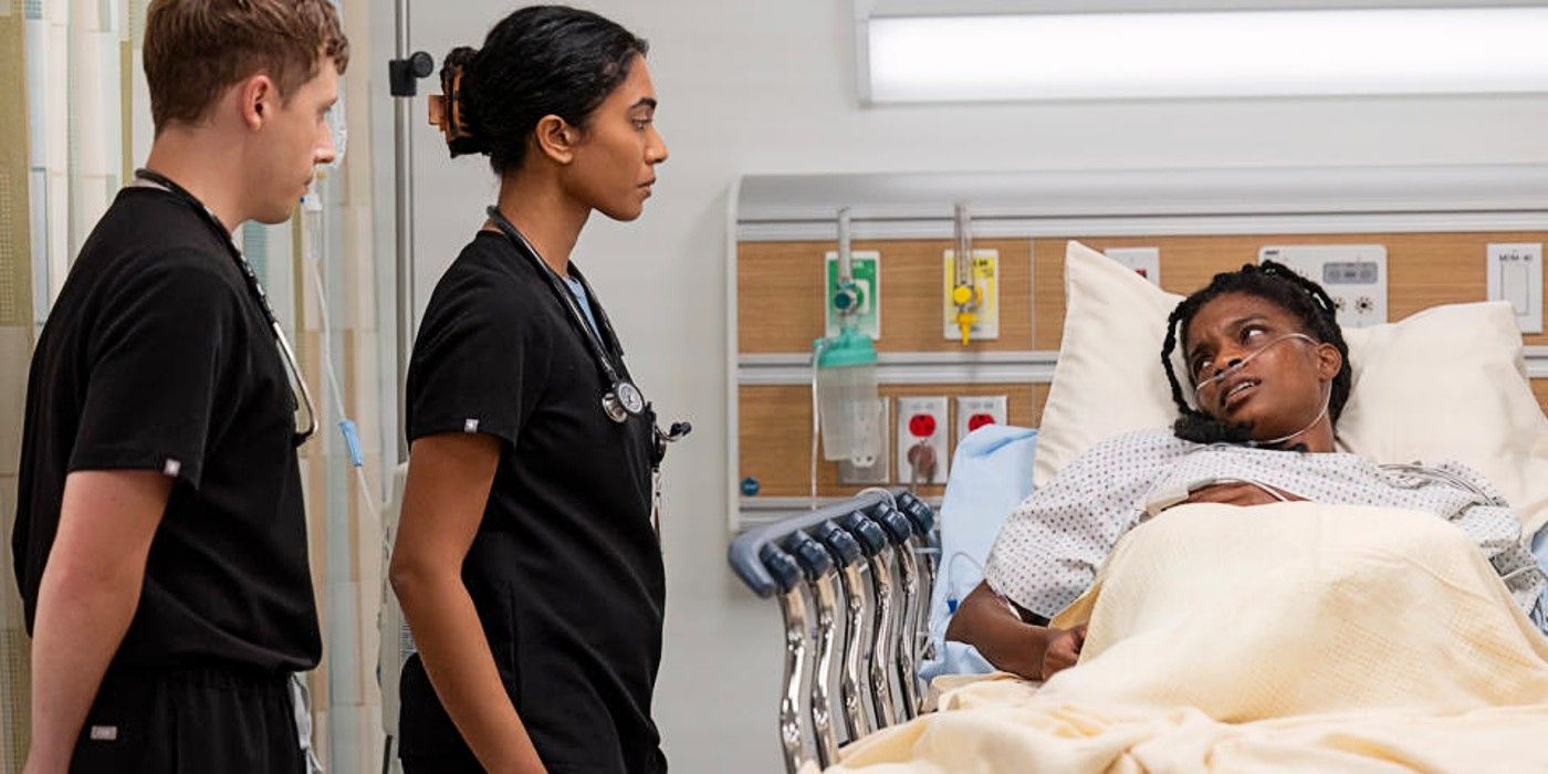 Dr. Whitaker and Dr. Mohan assisting a patient named Joyce in The Pitt.