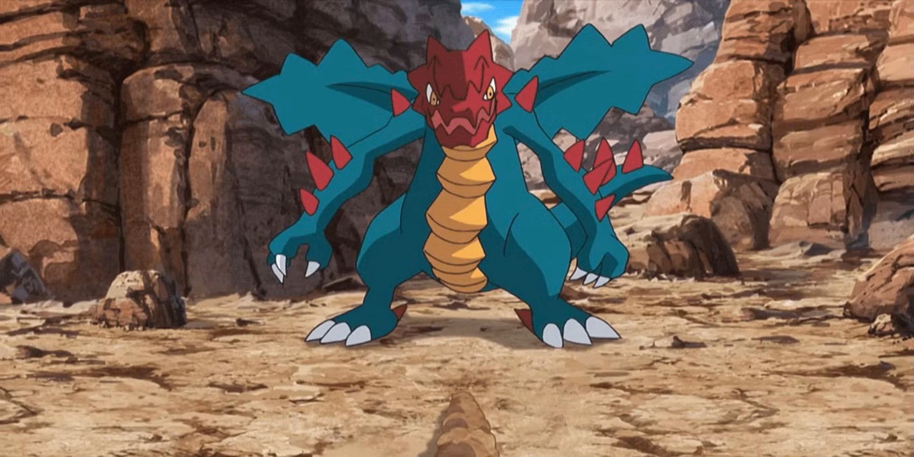Druddigon stands in a rocky landscape