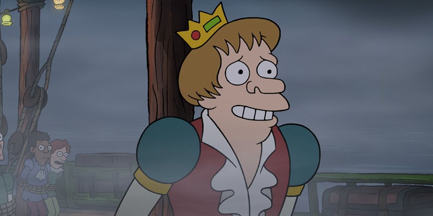Prince Merkimer, voiced by Matt Berry, in Disenchantment tied to a ship&rsquo;s mast, smiling awkwardly.