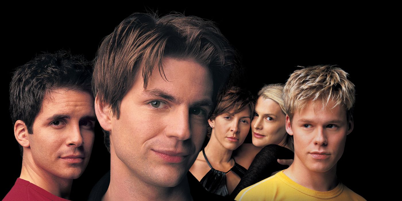 The main cast of the US version of Queer as Folk look at the camera and pose with a black background.