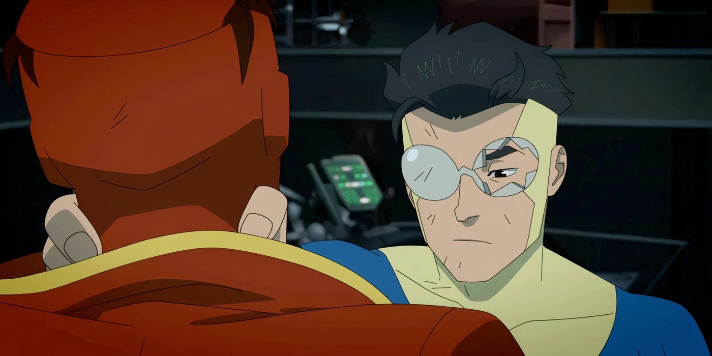 Retro Invincible holding Rex Splode by the neck in Invincible.
