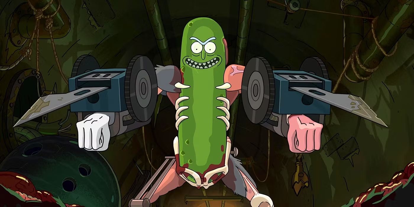 Rick totalmente bloqueado e carregado como Pickle Rick em 'Rick and Morty'.