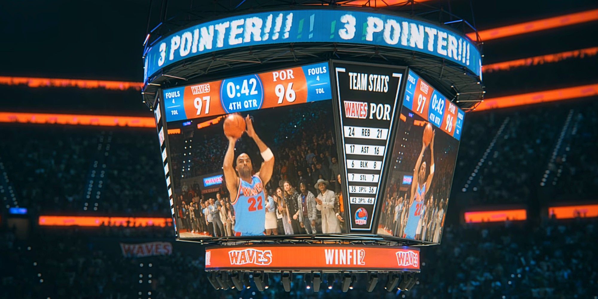 Marcus Winfield shooting a basketball on the big screen in Running Point