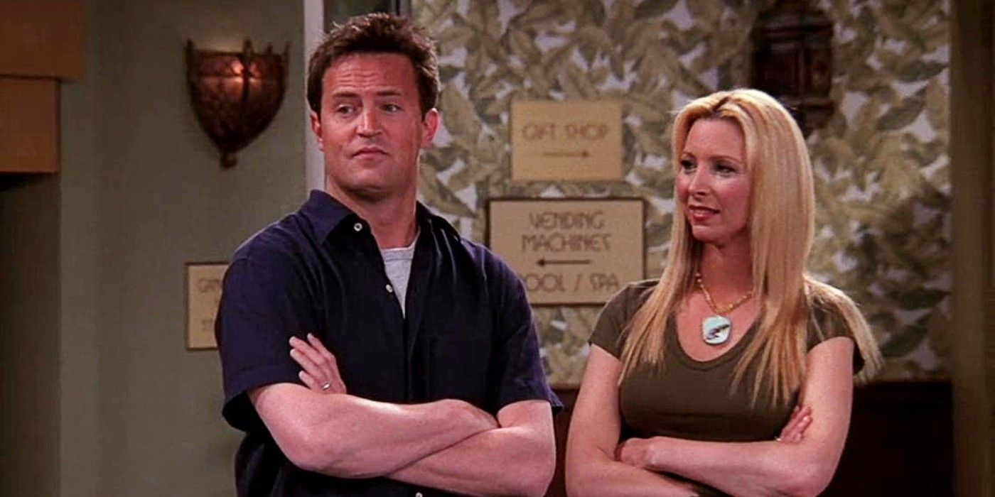 Chandler Bing and Phoebe Buffay standing next to each other in Friends Season 9.
