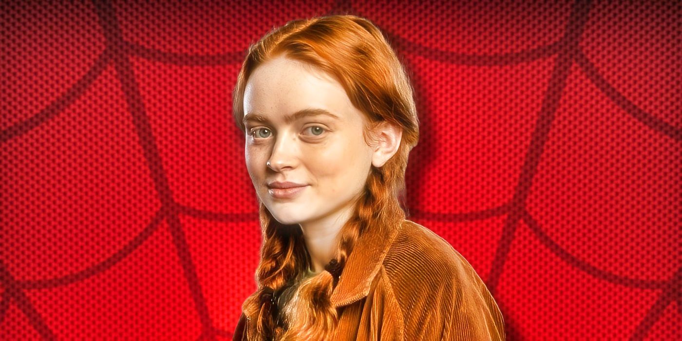 Sadie Sink against a Spider-Man themed background