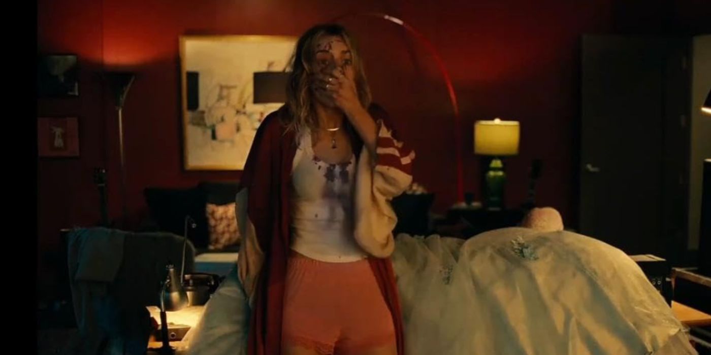 Samara Weaving covering her mouth in shock in 'Borderline'.