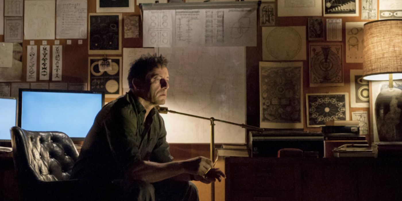 Jason Isaacs as Dr. Hap, sitting in an office with drawings on the wall in &lsquo;The OA&rsquo;