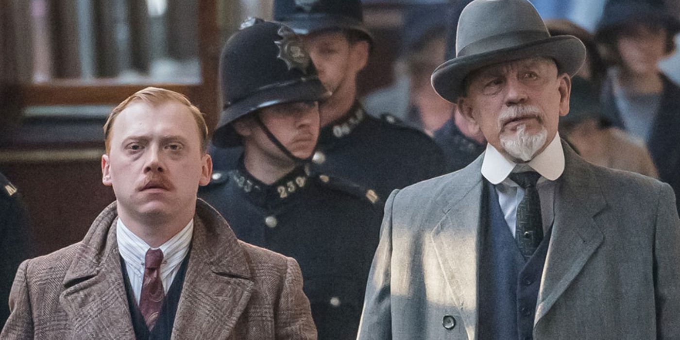 Rupert Grint as Inspector Crome and John Malcovich as Hercule Poirot in The ABC Murders.