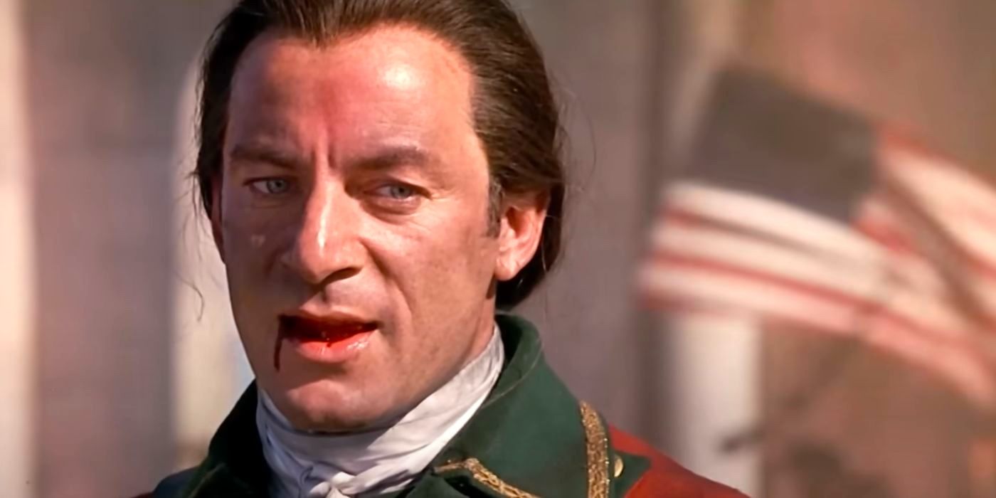 Colonel Tavington (Jason Isaacs) has a bloodied mouth in the final battle of &lsquo;The Patriot.'
