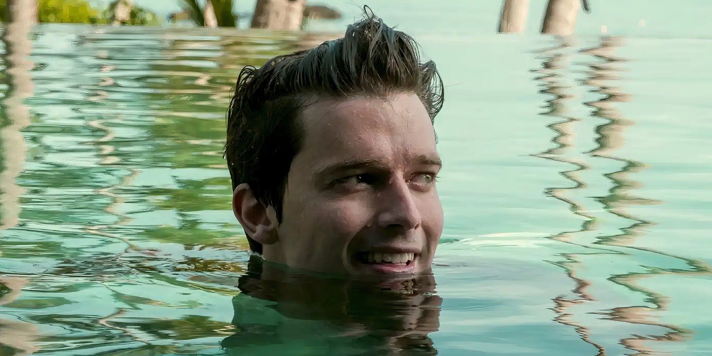 Saxon is in the pool with the water up to his chin in White Lotus episode 1.