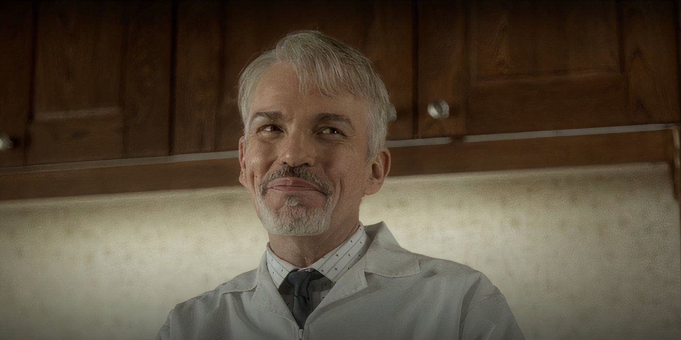 Billy Bob Thornton as Lorne Malvo pretending to be a dentist as he smiles on screen in Fargo.