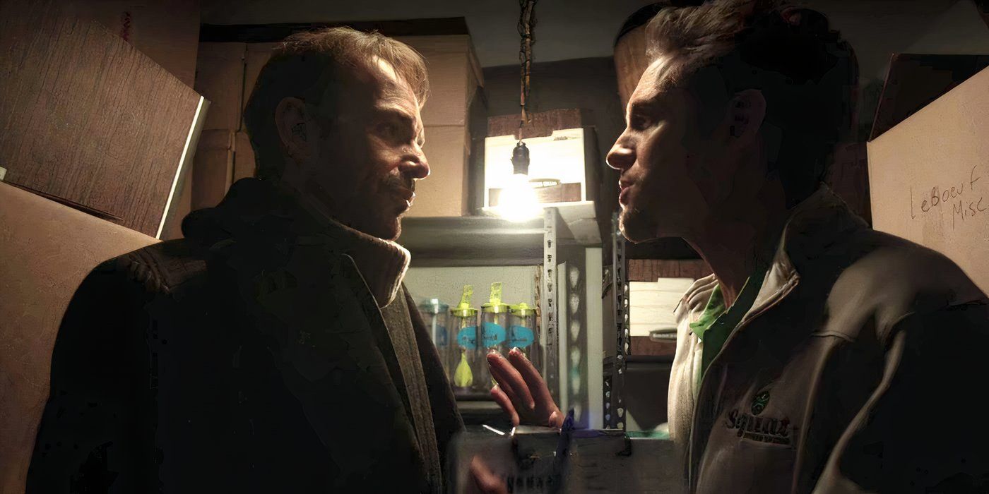 Billy Bob Thornton as Lorne Malvo confronts Glenn Howerton as Don Chumph in small room dimly lit closet.