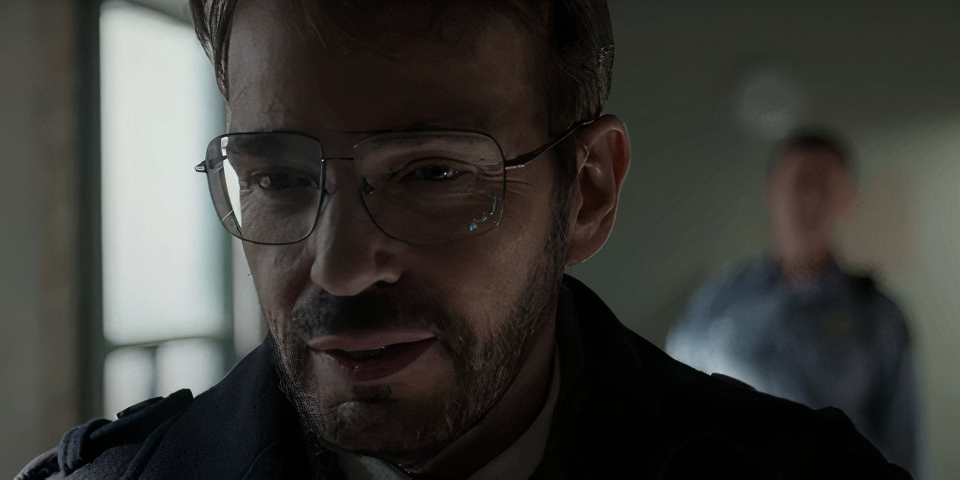 A close up shot of Billy Bob Thornton as Lorne Malvo with glasses the moment Gus says his name.