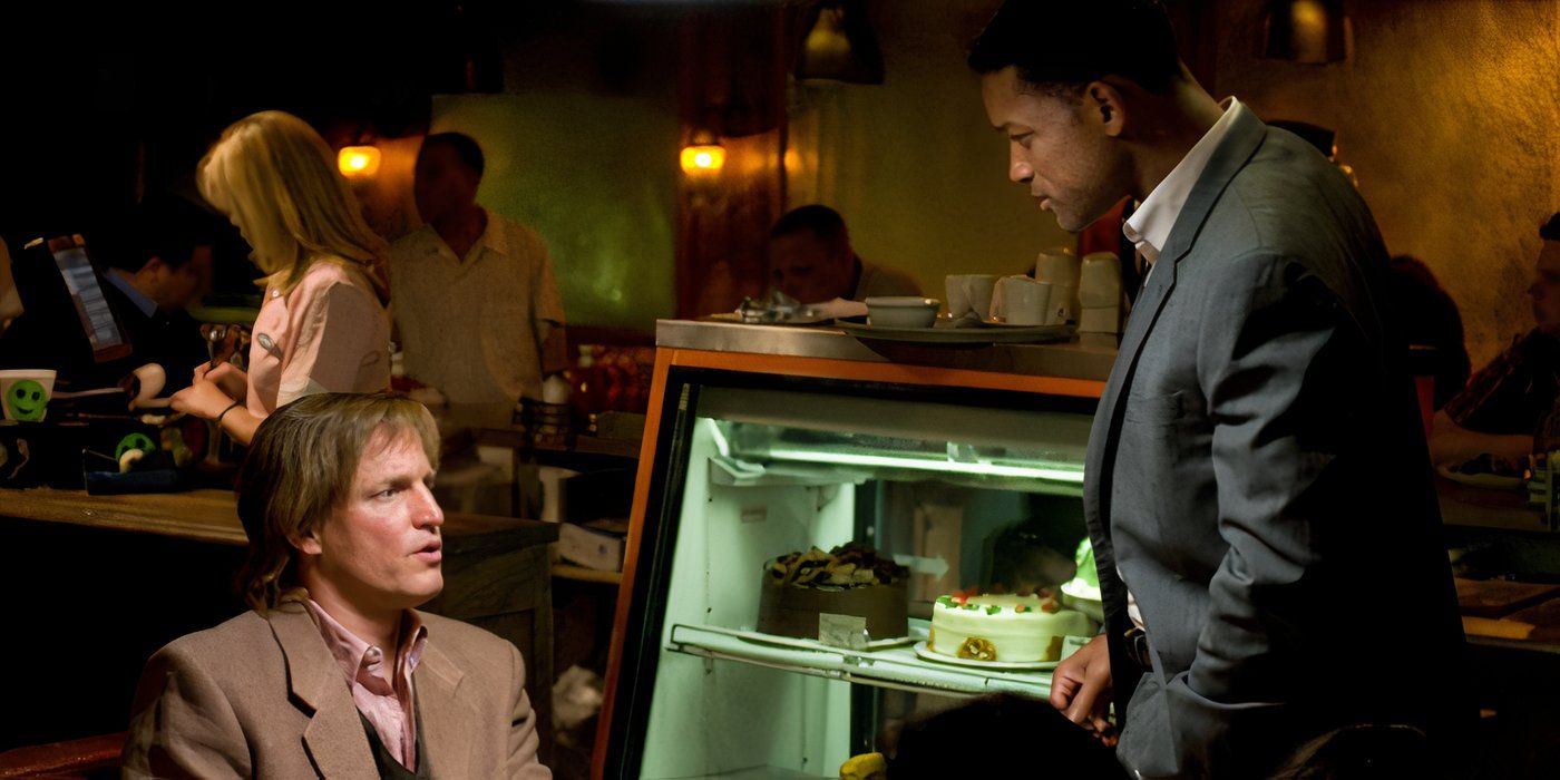Will Smith talks to Woody Harrelson as he sits in a diner in Seven Pounds.