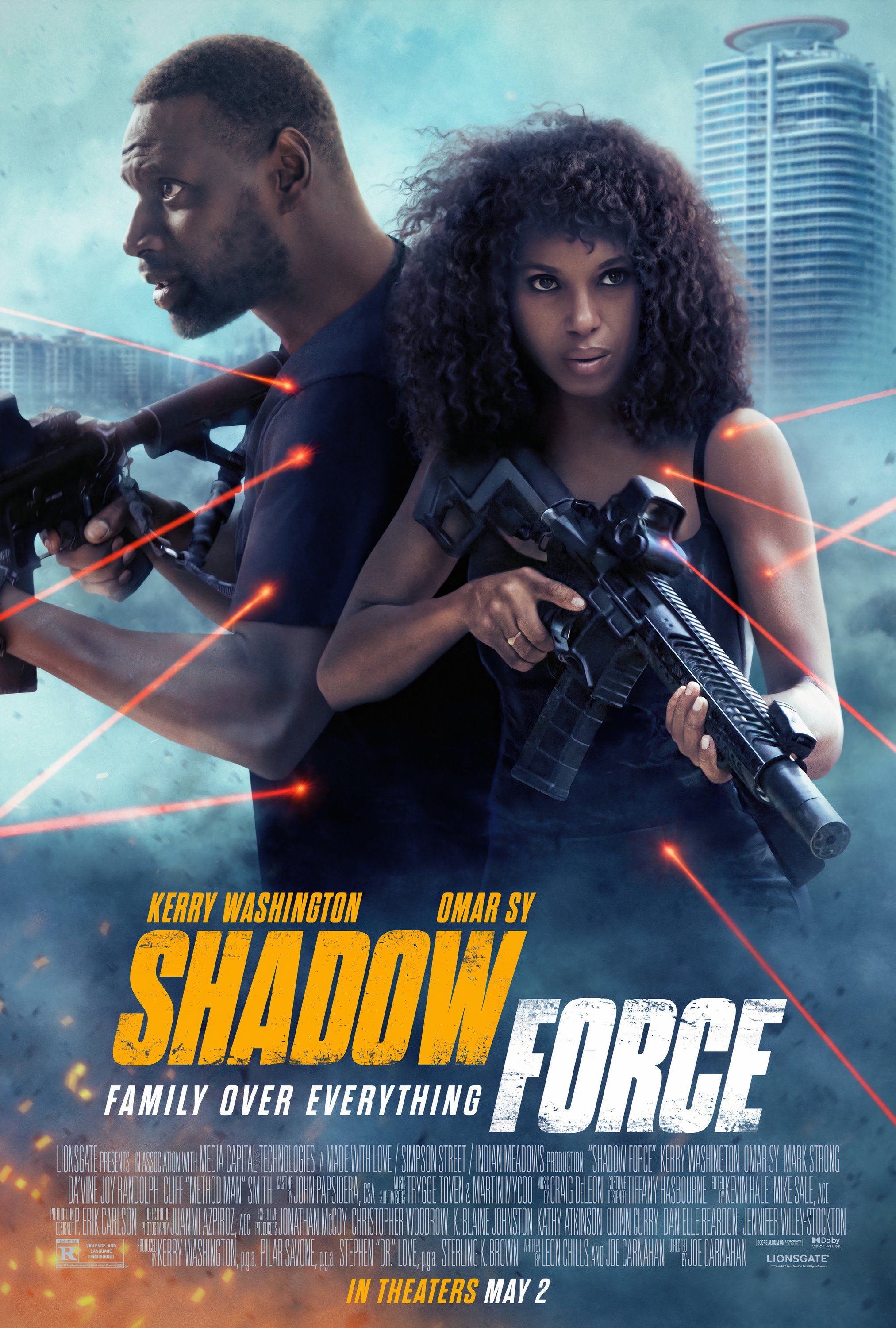 Omar Sy and Kerry Washington armed with lasers pointed at them in Shadow Force poster