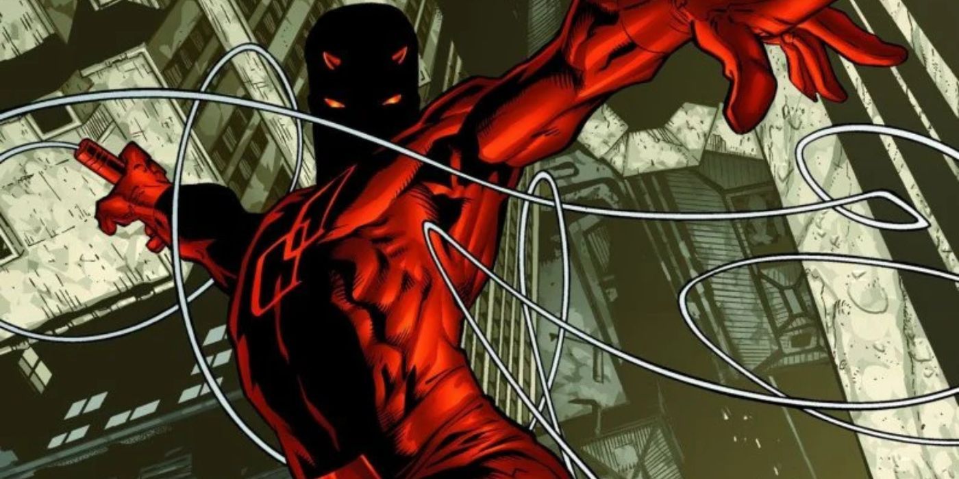 Daredevil with his face in shadow in the air in Marvel Comics