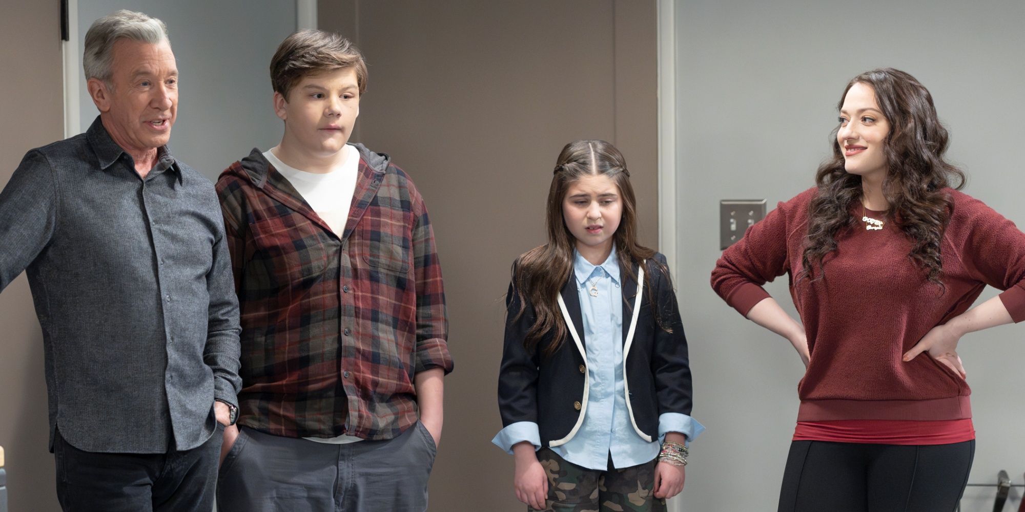 Kat Dennings as Riley with Tim Allen as her dad Matt and her two kids in Shifting Gears