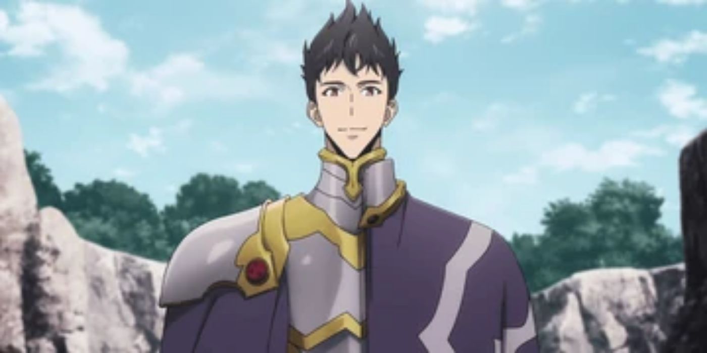 Son Kihoon from Solo Leveling in shiny armor and a cape is standing outside with rocks in the background.