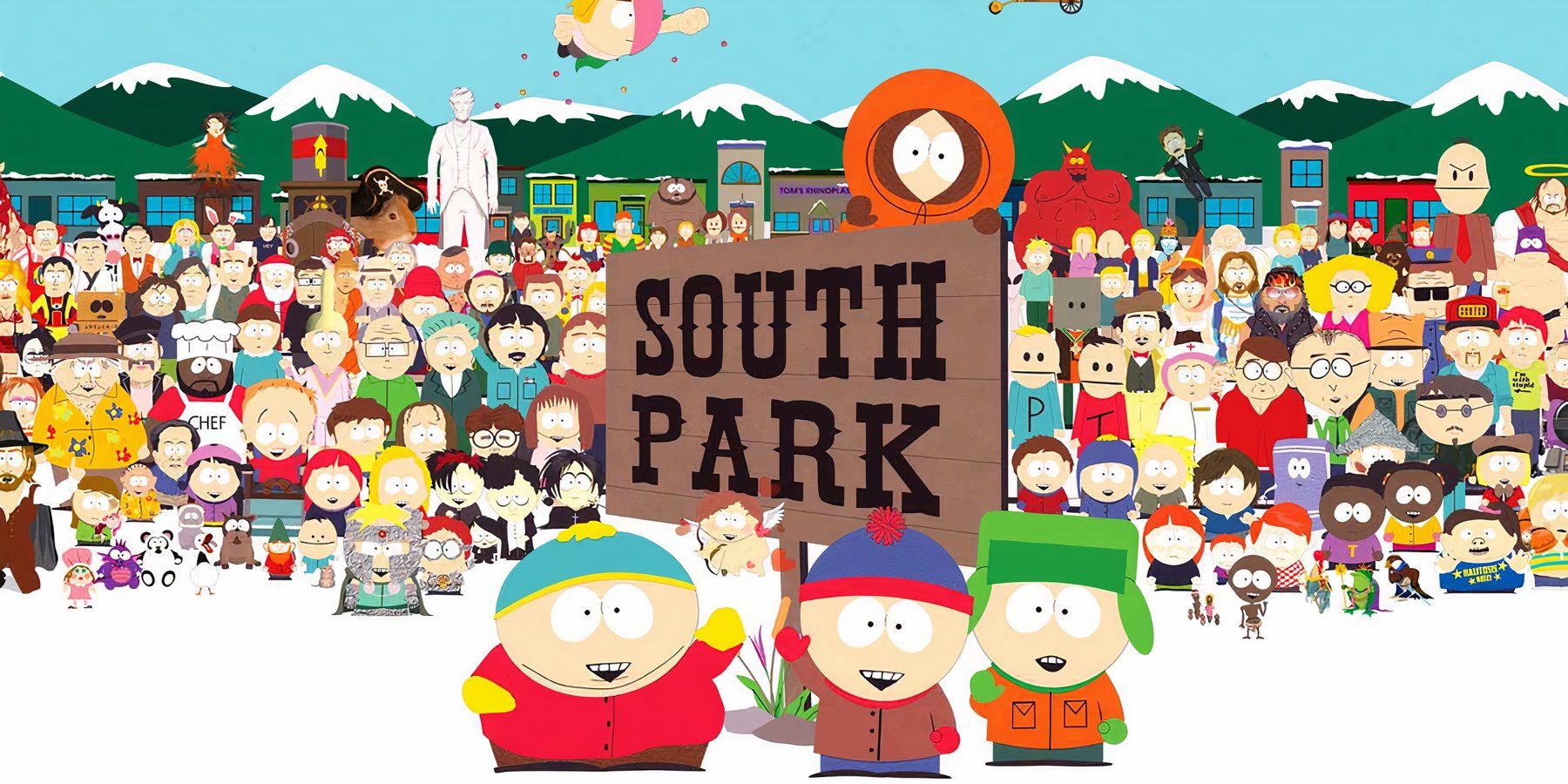 South Park characters next the the town sign