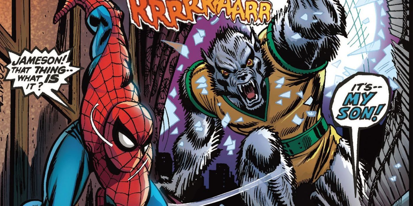 Spider-Man looking at Man-Wolf in Marvel Comics