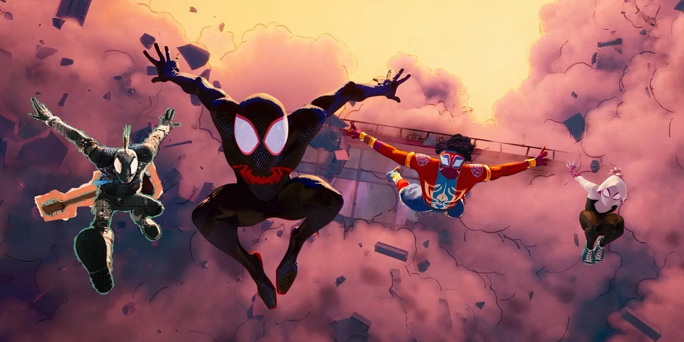 Spider-Punk, Miles Morales, Spider-Man India, Spider-Gwen flying through the air in Spider-Man: Across the Spider-Verse