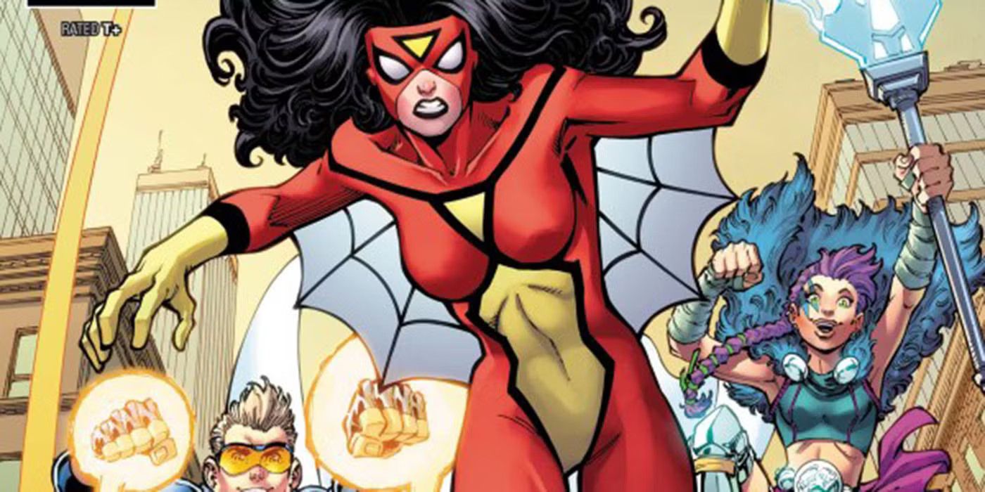 Jessica Drew as Spider Woman runs forward in Marvel Comics